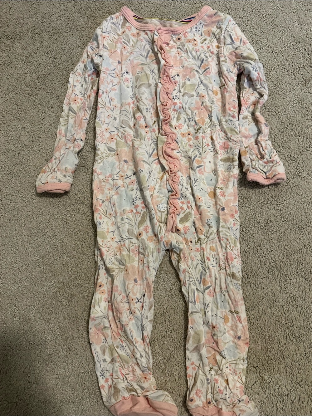 Magnetic Me Floral Ruffle-Front Footed One-Piece - Pink, Cream, Green